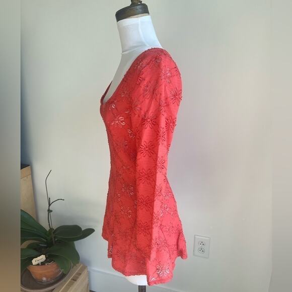 FREE PEOPLE ORANGE DAISY LACE PELAM SHIRT 3/4 SLEEVE SIZE S - Picture 5 of 7